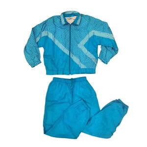 Vintage Blair Boutique 80s 90s Track Suit Large Retro Vibrant Blue Polka Dot EUC